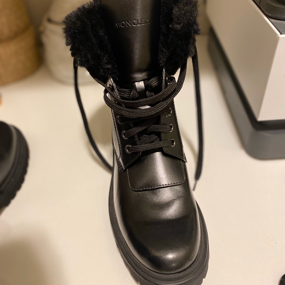 Moncler Black Leather Mink-fur Patty Combat Boots